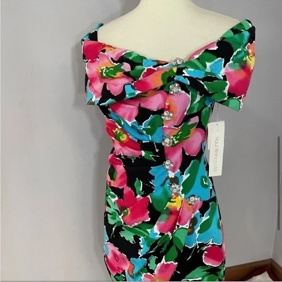 NWT Vintage Floral Off Shoulder Kentucky Derby Garden Party Cocktail Shower Midi - Picture 7 of 12